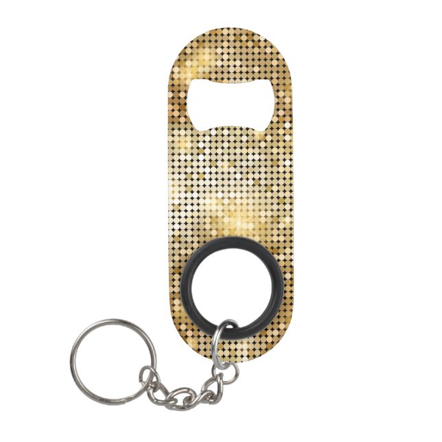 Bright sparkling golden sequin glitters disco ball keychain bottle opener (Front)