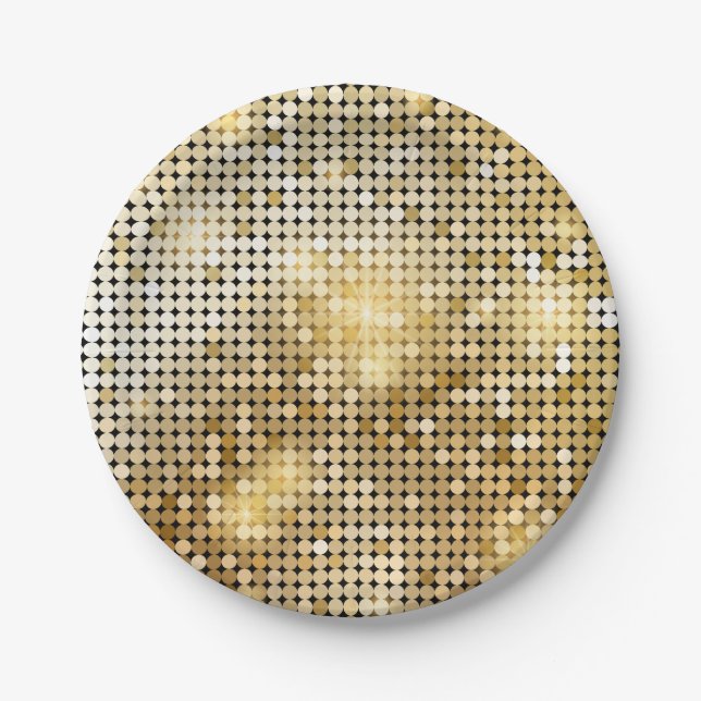 Bright sparkling golden sequin glitters disco ball paper plates (Front)