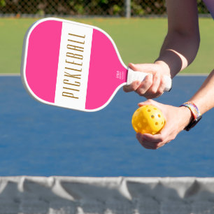 Bright Sporty Bold Pink White Wide Stripes Text Carbon Fiber Pickleball Paddle
