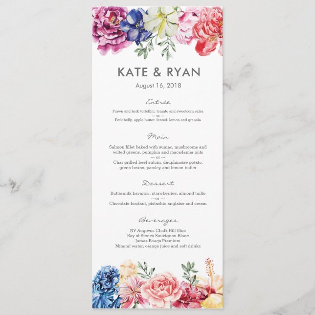 Bright spring florals Wedding Menu Card (Front)