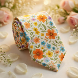 Bright Spring Meadow Floral Pattern Neck Tie
