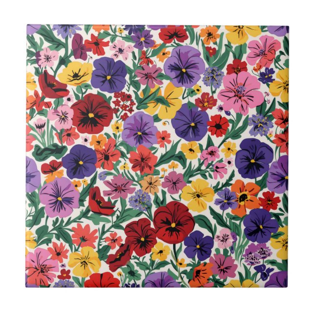Bright Spring Pansies Floral Garden Pattern Ceramic Tile (Front)