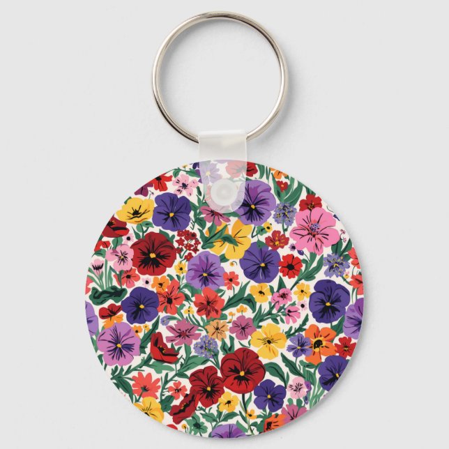 Bright Spring Pansies Floral Garden Pattern Keychain (Front)