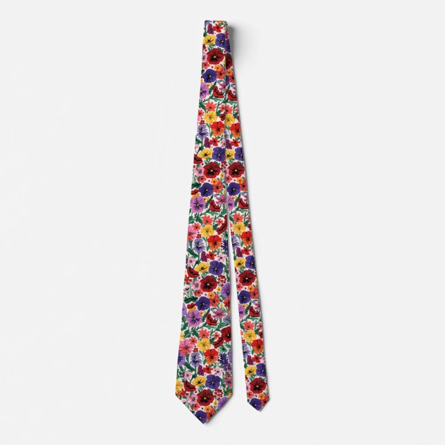 Bright Spring Pansies Floral Garden Pattern Neck Tie (Front)