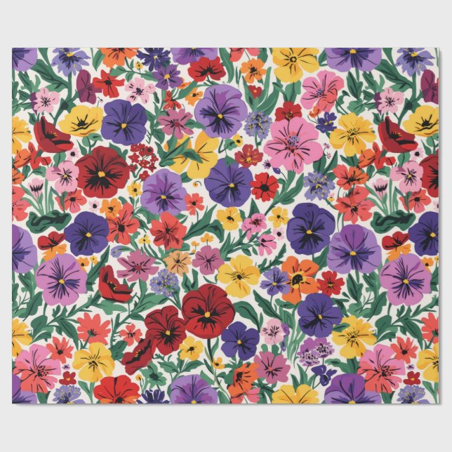 Bright Spring Pansies Floral Garden Pattern Wrapping Paper (Flat)