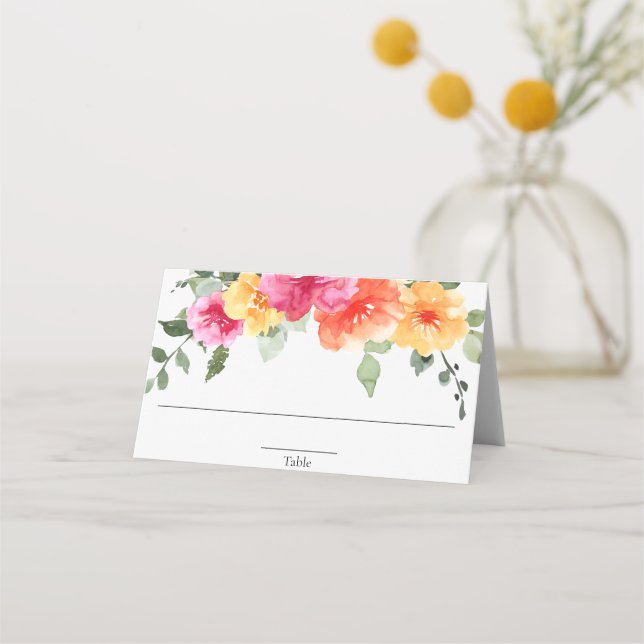 Bright spring summer floral pink orange blooms place card (Front)