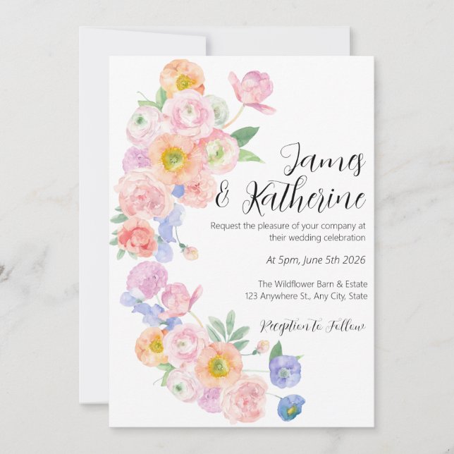 Bright Spring Watercolor Floral Wedding Invitation (Front)