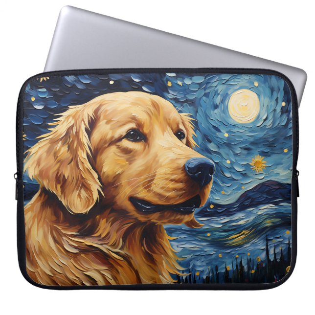 BRIGHT STARRY NIGHT WITH GOLDEN RETRIEVER DOG LAPTOP SLEEVE (Front)