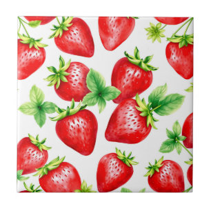 Bright Strawberries in Watercolor on White Ceramic Tile