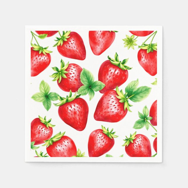 Bright Strawberries in Watercolor on White  Napkins (Front)