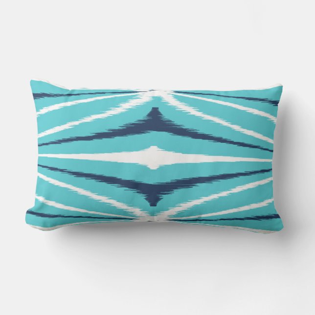 Bright striped blue and white tribal ikat print lumbar pillow (Front)