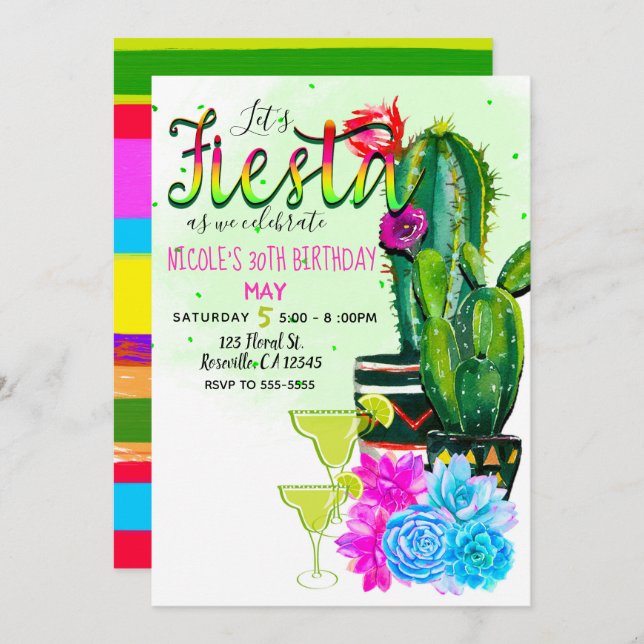 Bright Stripes Fiesta Cactus & Succulents Party Invitation (Front/Back)