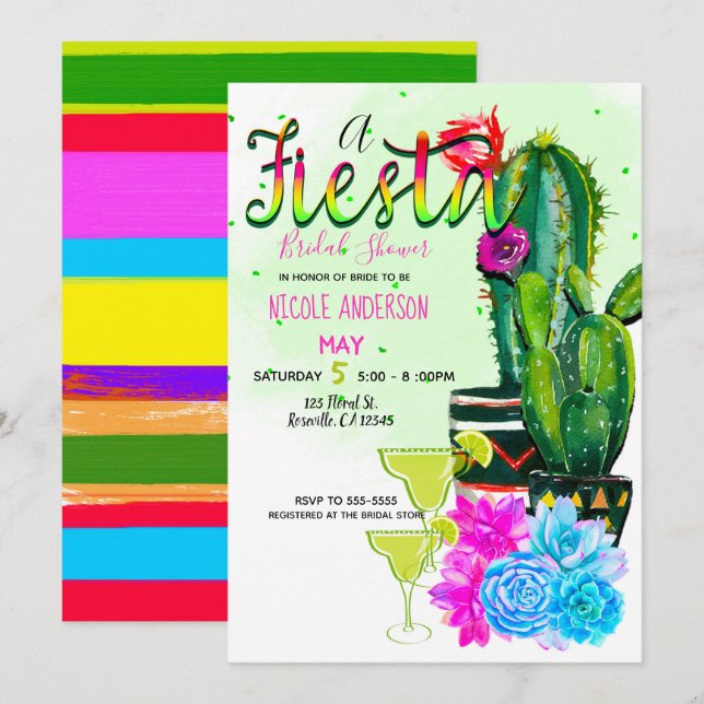 Bright Stripes Fiesta Succulents Bridal Shower Invitation (Front/Back)