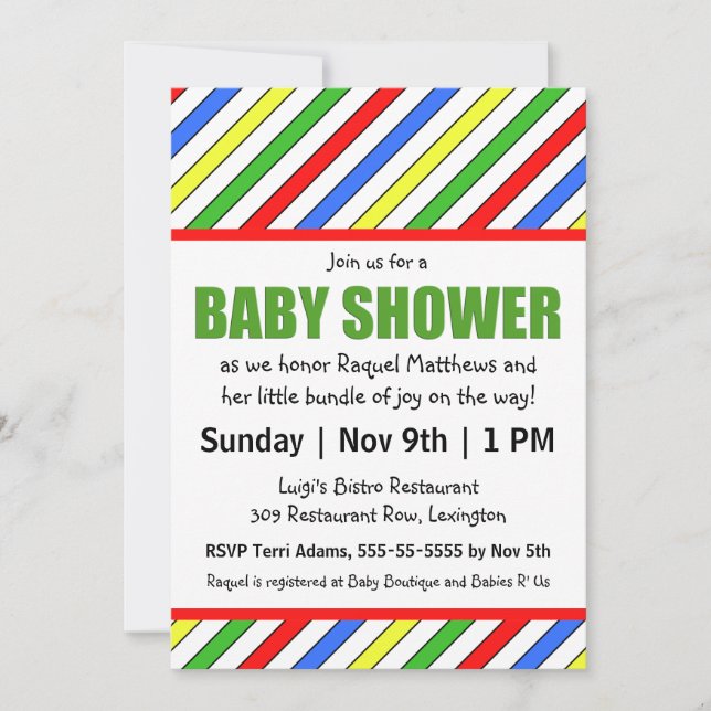 Bright Stripes Primary Colors Baby Shower Invitation (Front)