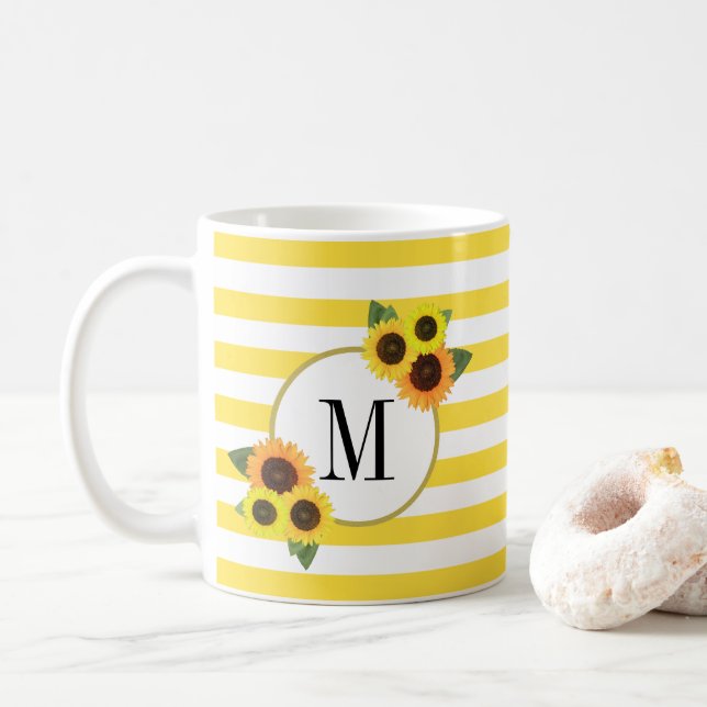 Bright Stripes Yellow Sunflowers Floral Monogram Coffee Mug (With Donut)