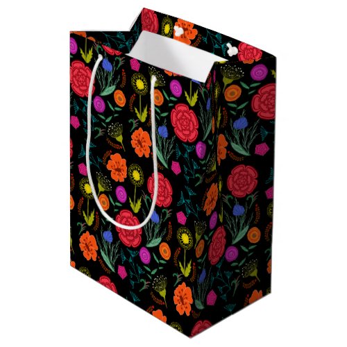 Bright Stylized Flowers on Black Medium Gift Bag
