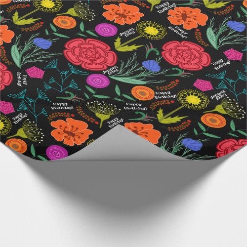 Bright Stylized Flowers on Black Personalized Wrapping Paper