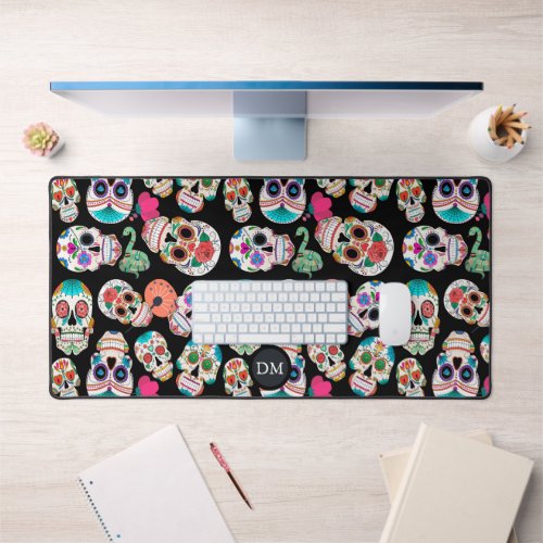 Bright Sugar Skulls Pattern Monogram Desk Mat