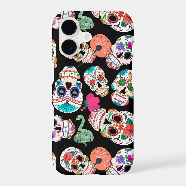Bright Sugar Skulls Pattern on Black iPhone Case (Back)