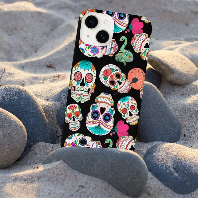 Bright Sugar Skulls Pattern on Black iPhone Case (Creator Uploaded)
