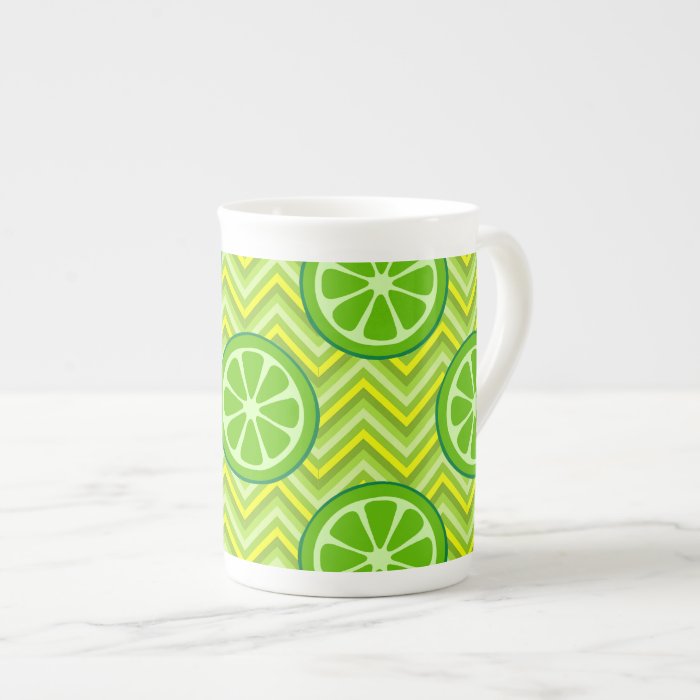 Bright Summer Citrus Limes on Green Yellow Chevron Bone China Mug