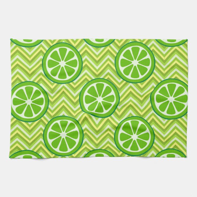 Bright Summer Citrus Limes on Green Yellow Chevron Towel (Horizontal)
