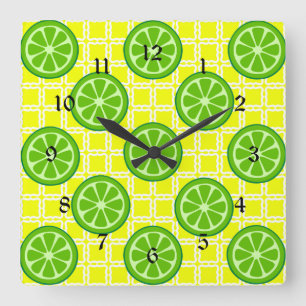 Bright Summer Citrus Limes on Yellow Square Tiles Wall Clock