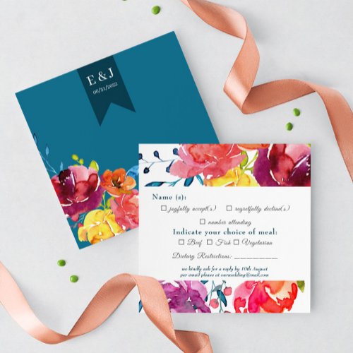 Bright Summer colorful floral Wedding RSVP Card