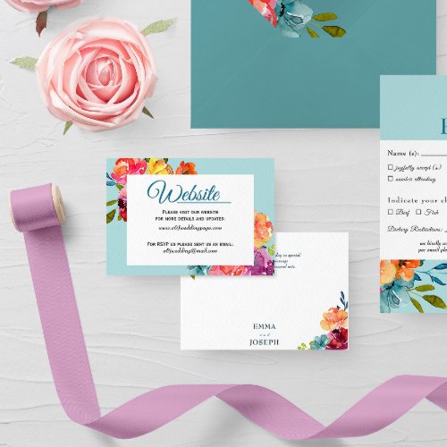 Bright Summer colorful floral Wedding Website Card