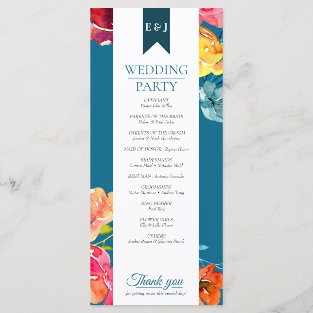 Bright Summer colorful petrol Wedding Program (Back)