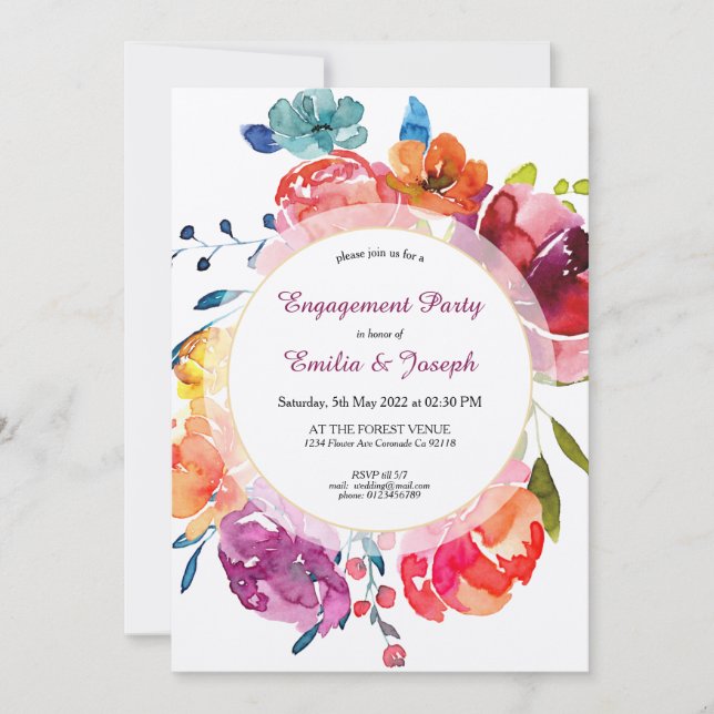 Bright Summer colorful purple floral Engagement Invitation (Front)