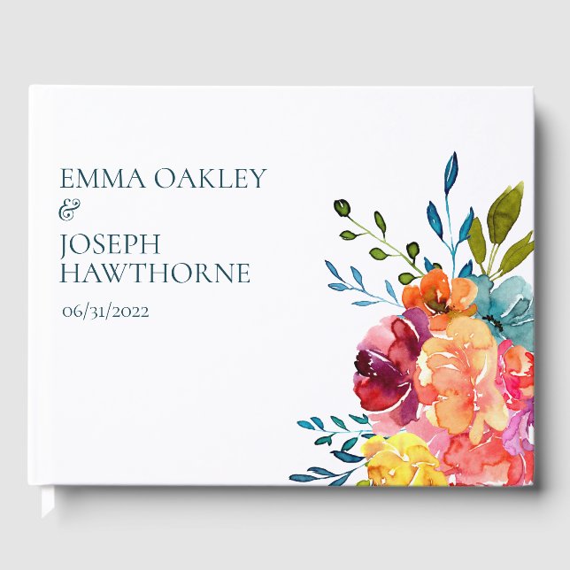 Bright Summer colorful turquoise floral Wedding Guest Book (Front)