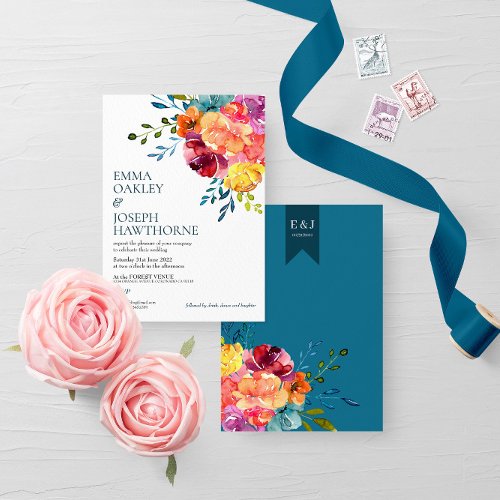 Bright Summer colorful turquoise floral Wedding  I Invitation