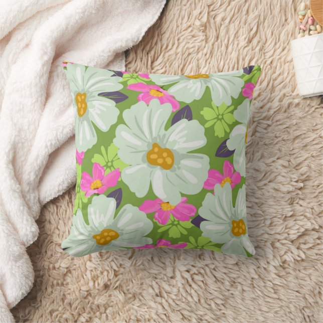 Bright Summer Floral Blooms  Throw Pillow (Blanket)