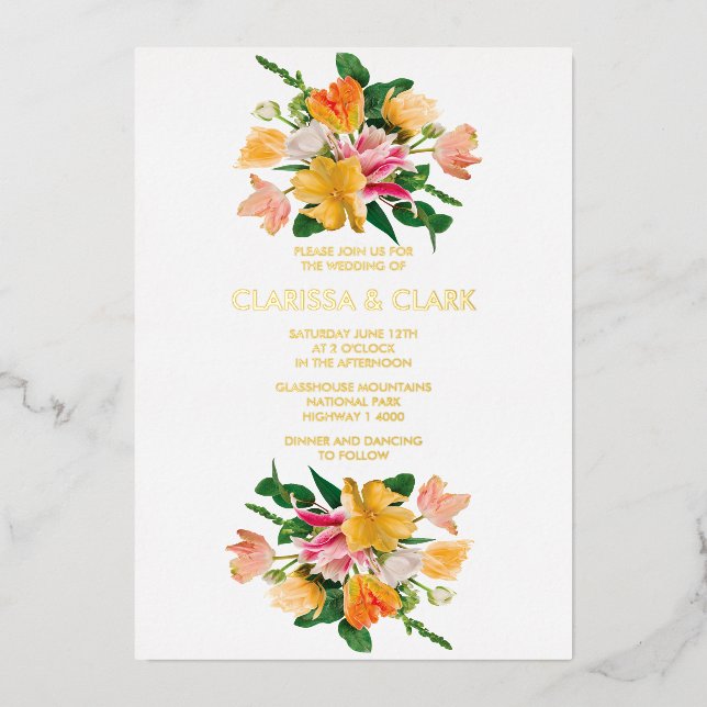 Bright Summer Floral Bouquet Wedding Foil Invitation (Front)