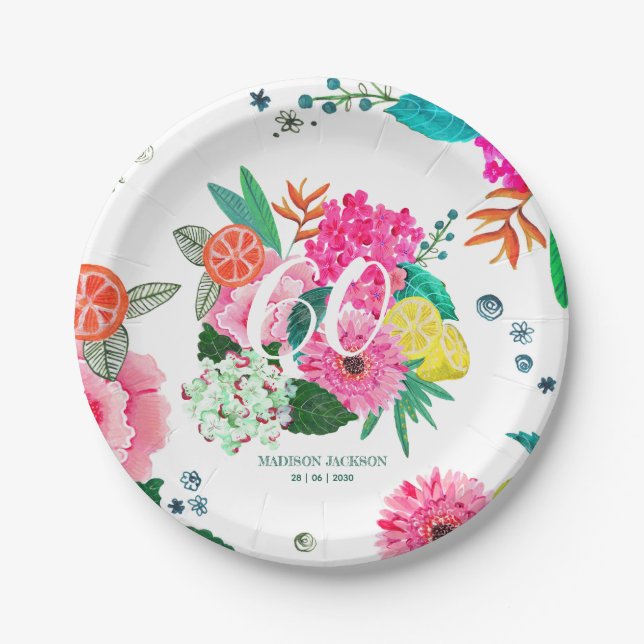 Bright summer floral & fruit birthday party invita paper plates (Front)