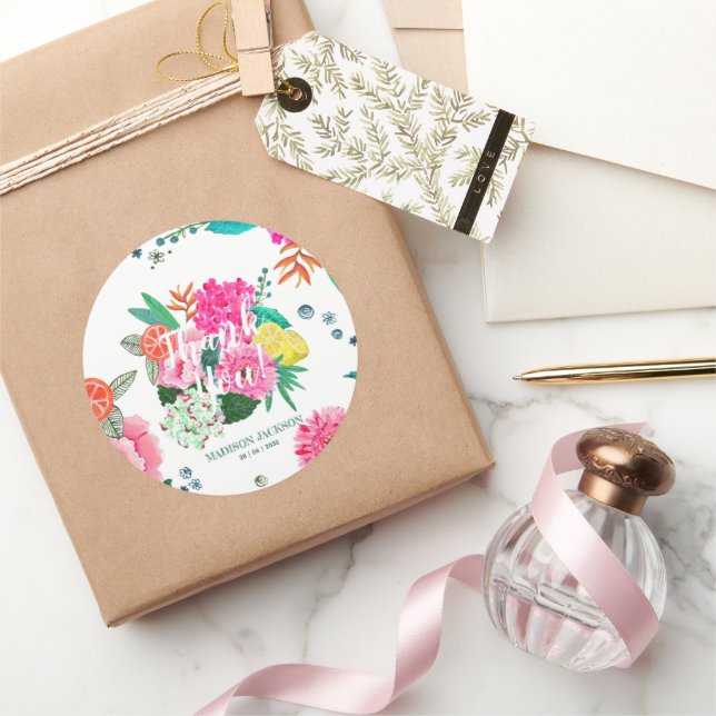 Bright summer floral & fruit thank you  classic round sticker (Gifting)