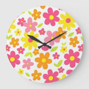 Bright Summer Floral Retro Pink and Yellow Pattern Large Clock