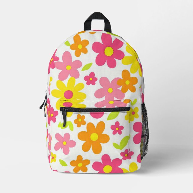 Bright Summer Floral Retro Pink and Yellow Pattern Printed Backpack (Front)