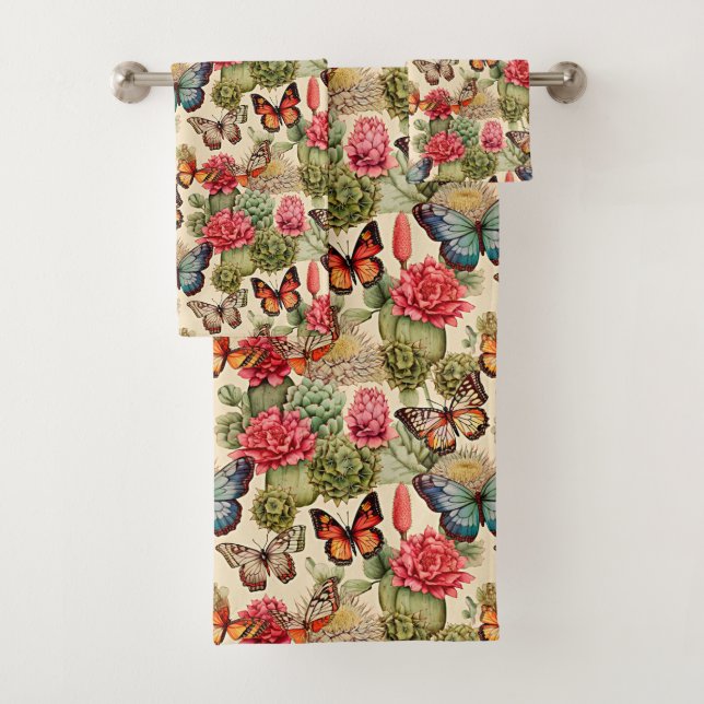  Bright summer pattern with butterflies and cacti  Bath Towel Set (Insitu)