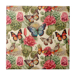 Bright summer pattern with butterflies and cacti Ceramic Tile