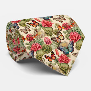 Bright summer pattern with butterflies and cacti Neck Tie