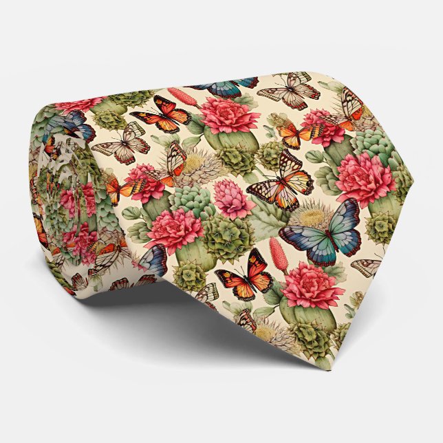 Bright summer pattern with butterflies and cacti  Neck Tie (Rolled)