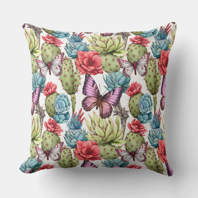  Bright summer pattern with butterflies and cacti  Outdoor Pillow (Front)