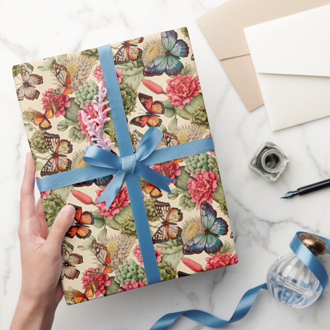  Bright summer pattern with butterflies and cacti  Wrapping Paper (Gifting)