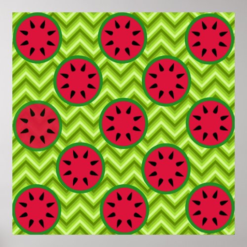 Bright Summer Picnic Watermelons on Green Chevron Poster