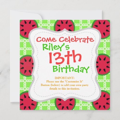 Bright Summer Picnic Watermelons on Green Squares Invites