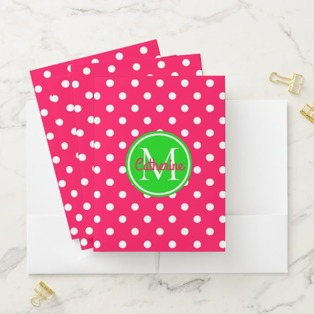 Bright Summer Pink and Green Polka Dot Monogram Pocket Folder (In Situ)