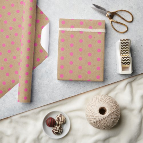 Bright Summer Pink Dots On Rustic Faux Brown Kraft Wrapping Paper