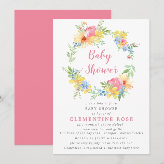 Bright Summer Pink Floral Watercolor Baby Shower Invitation (Front/Back)